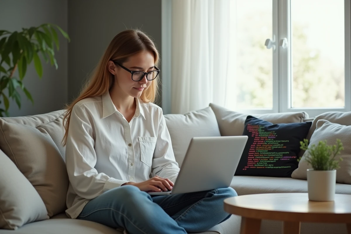 Jeune développeuse travaillant sur du parsing XML en Python avec XPath depuis son canapé, écran de terminal visible