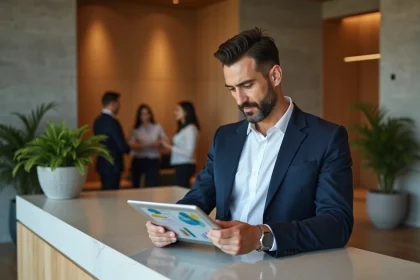 Directeur d'hôtel consultant un tableau de bord de gestion numérique sur tablette à la réception modernisée
