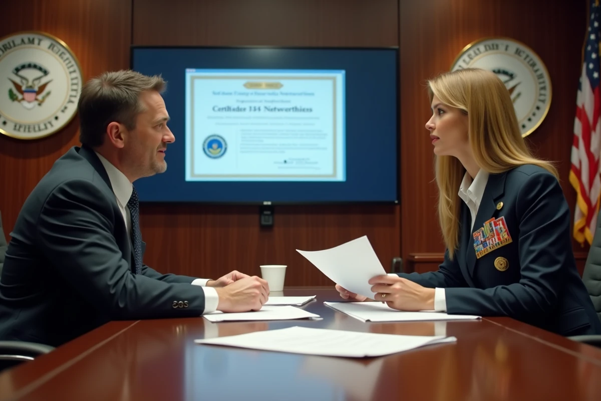 Femme éditrice logiciel discutant conformité avec officier de l