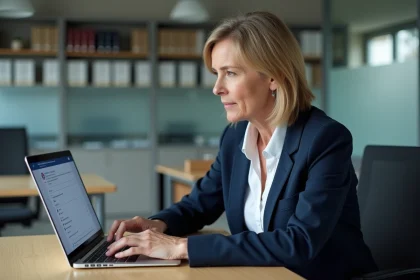 Enseignante paramétrant les options de confidentialité de son webmail sur un ordinateur portable dans un bureau administratif scolaire
