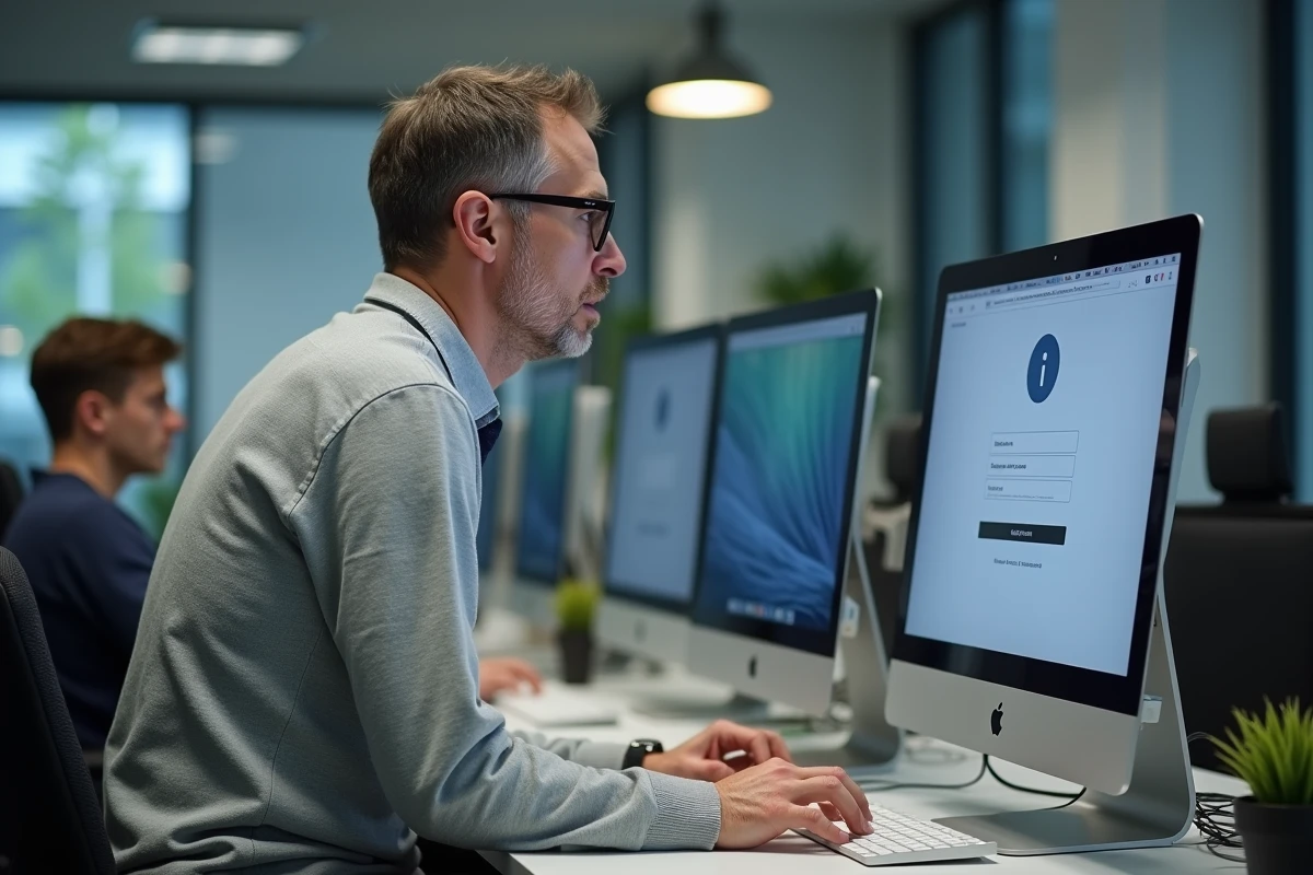 Agent administratif de l'éducation nationale consultant une interface webmail sécurisée avec authentification double facteur sur écran de bureau