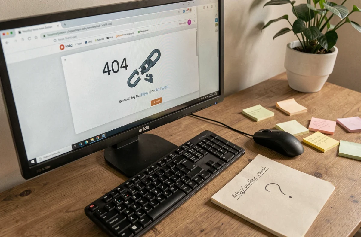 Écran d'ordinateur affichant une erreur 404 avec un bloc-notes portant une URL barrée, représentant un changement d'adresse de site web
