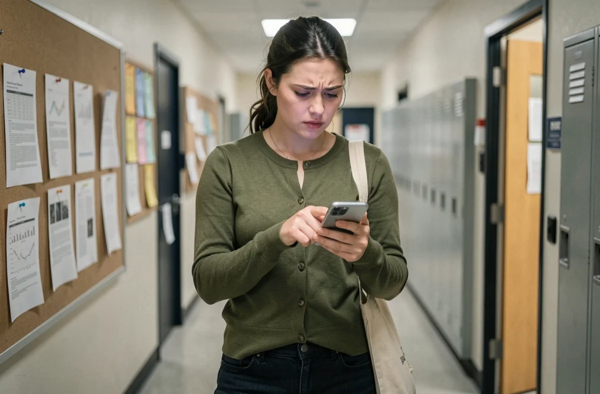 Enseignante consultant son webmail académique sur smartphone dans un couloir d'école