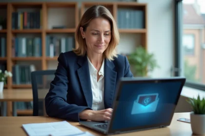 Enseignante utilisant le webmail académique de Montpellier sur son ordinateur portable dans un bureau universitaire