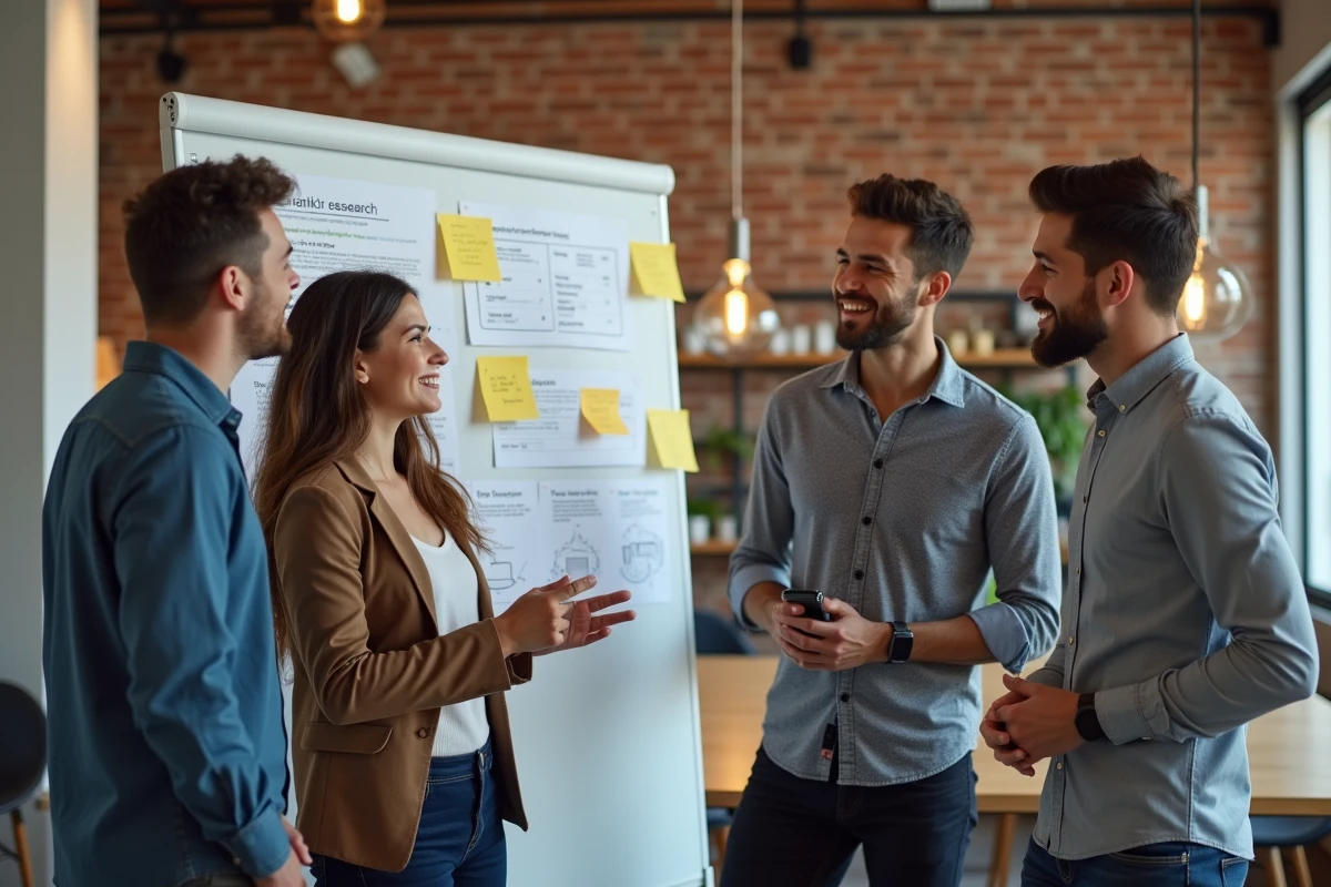 Équipe de professionnels collaborant sur une session de brainstorming pour une étude de marché avec des résultats de recherche Google