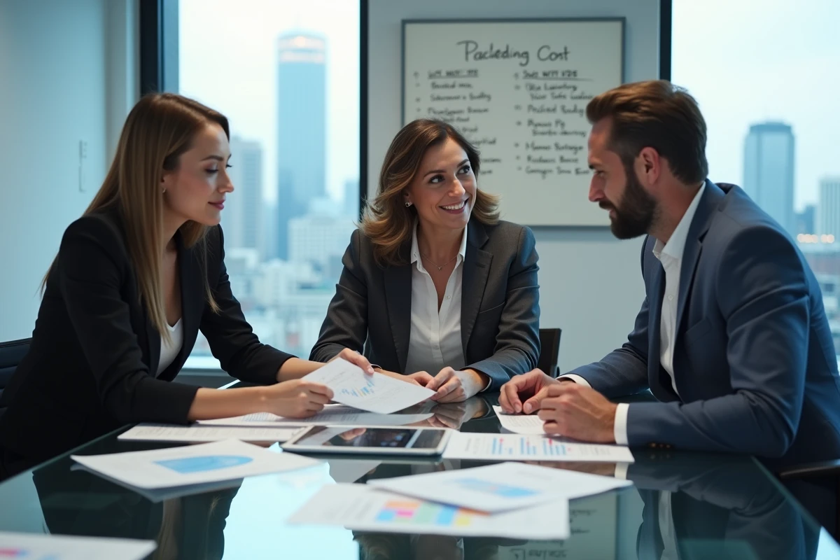 Équipe marketing discutant des tarifs des solutions d'intelligence artificielle autour d'une table de réunion moderne