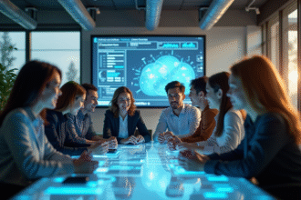 Groupe de jeunes professionnels dans un bureau high-tech lumineux
