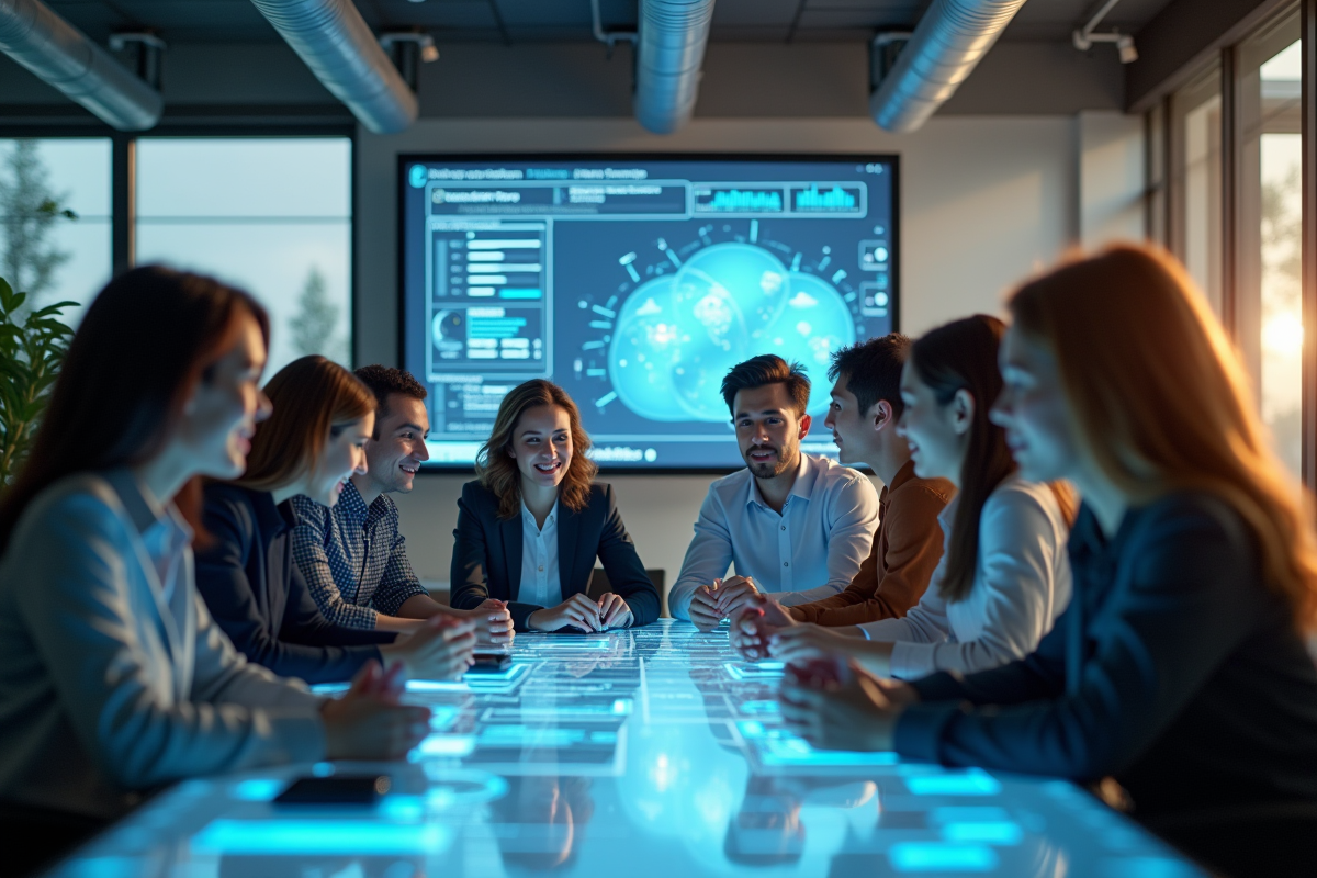 Groupe de jeunes professionnels dans un bureau high-tech lumineux
