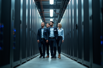 Professionnels IT surveillant un centre de données mondial