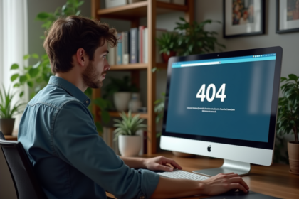 Jeune homme au bureau face à une erreur 404 sur son écran