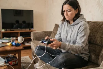 Femme utilisant un câble USB non adapté pour charger une manette PS4 connectée à un laptop, erreur fréquente qui abîme la batterie