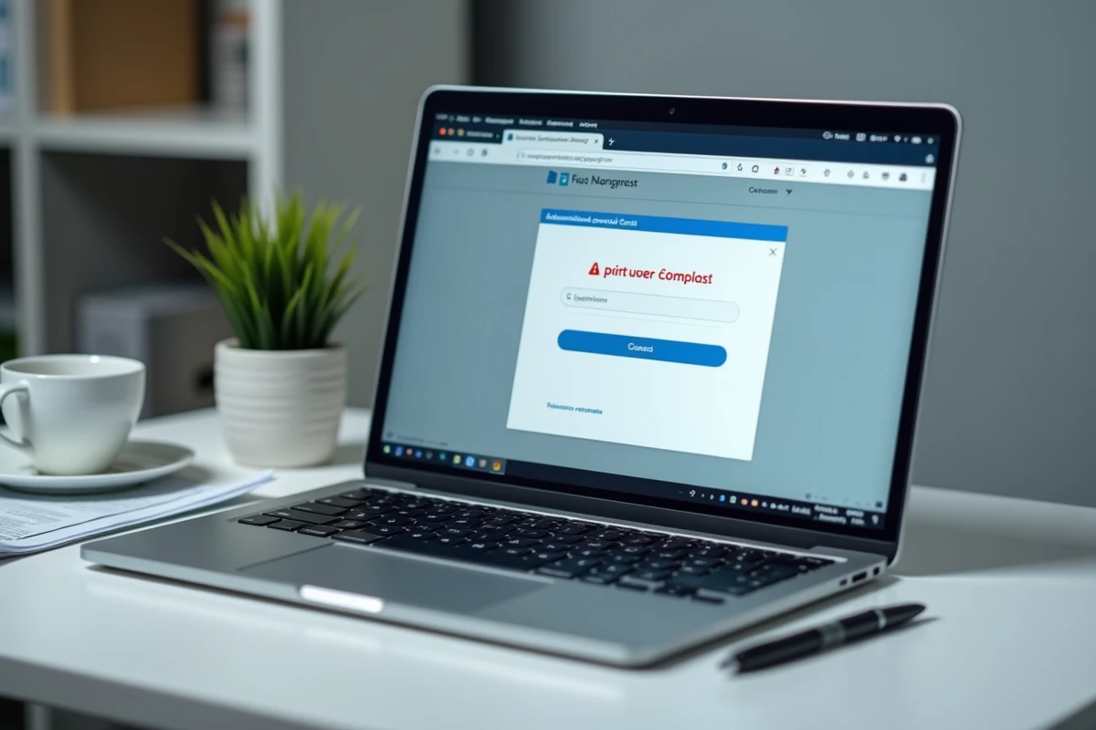 Écran d'ordinateur portable affichant une erreur de connexion à la messagerie académique AC Normandie avec un document de mutation posé sur le bureau