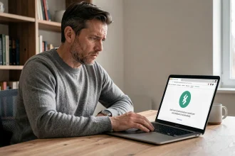 Homme frustré devant un écran d'ordinateur affichant une erreur de page introuvable, illustrant un problème d'accès à une adresse web