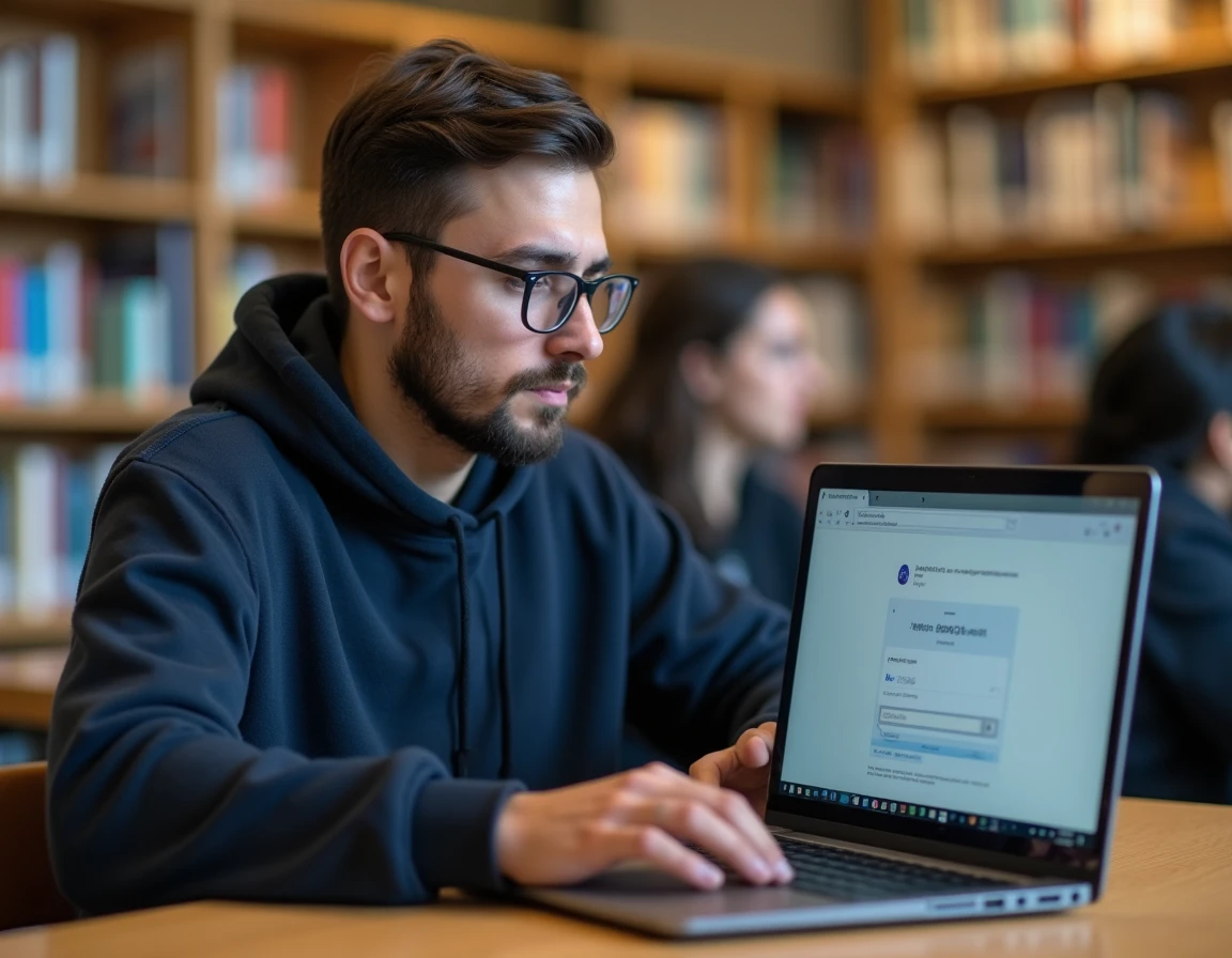 Étudiant universitaire bloqué sur sa messagerie académique depuis un ordinateur en bibliothèque