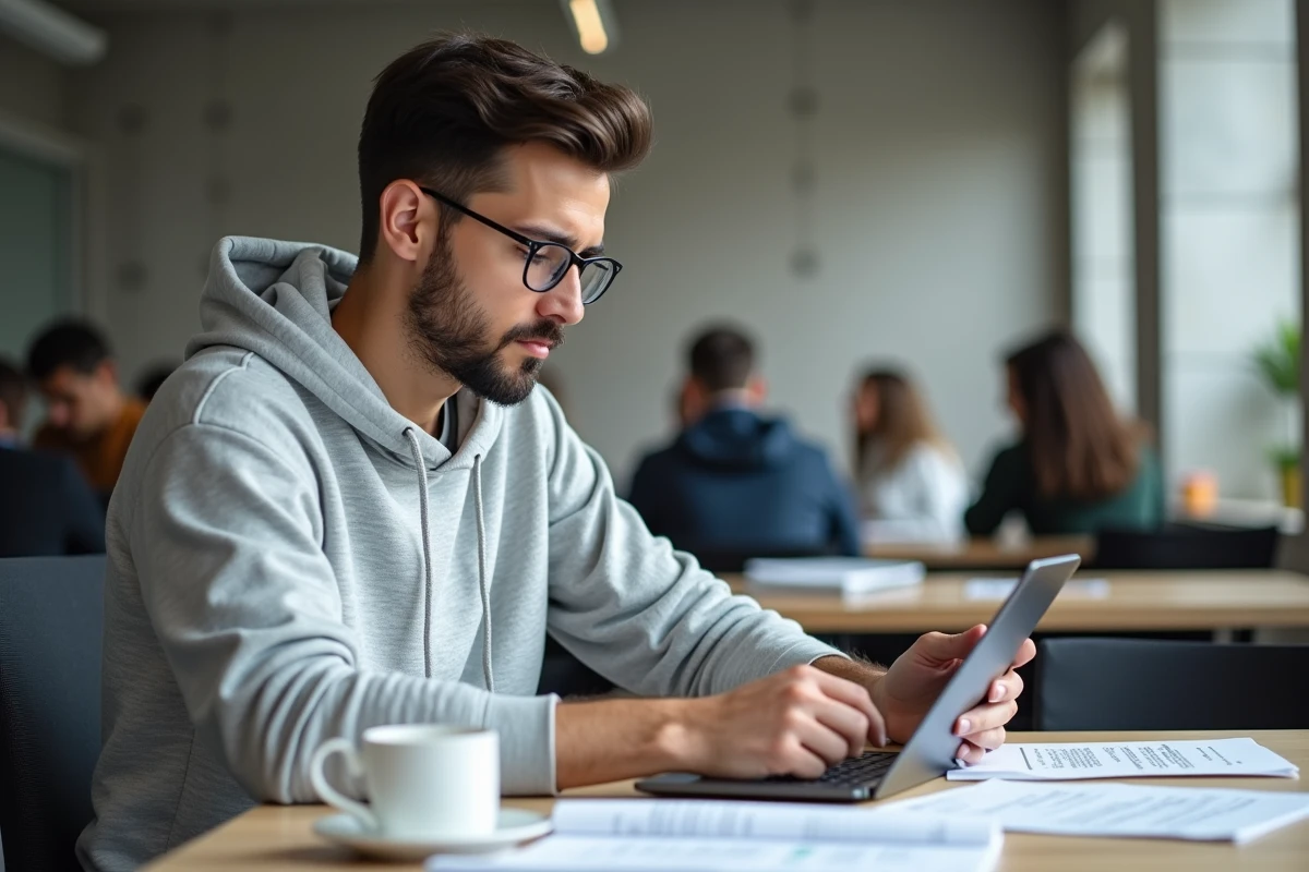 Étudiant en droit comparant des résultats d'une IA juridique avec ses notes imprimées dans un espace de travail moderne