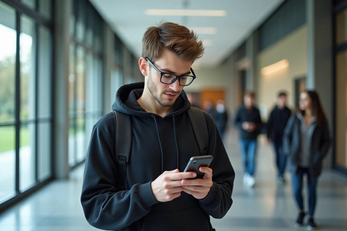 Étudiant utilisant une application de gestion de mots de passe sur smartphone dans un couloir universitaire