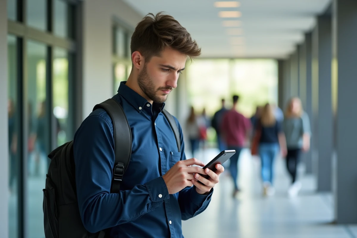 Étudiant masculin de Lyon 3 utilisant l'intranet sur smartphone dans un couloir du campus universitaire