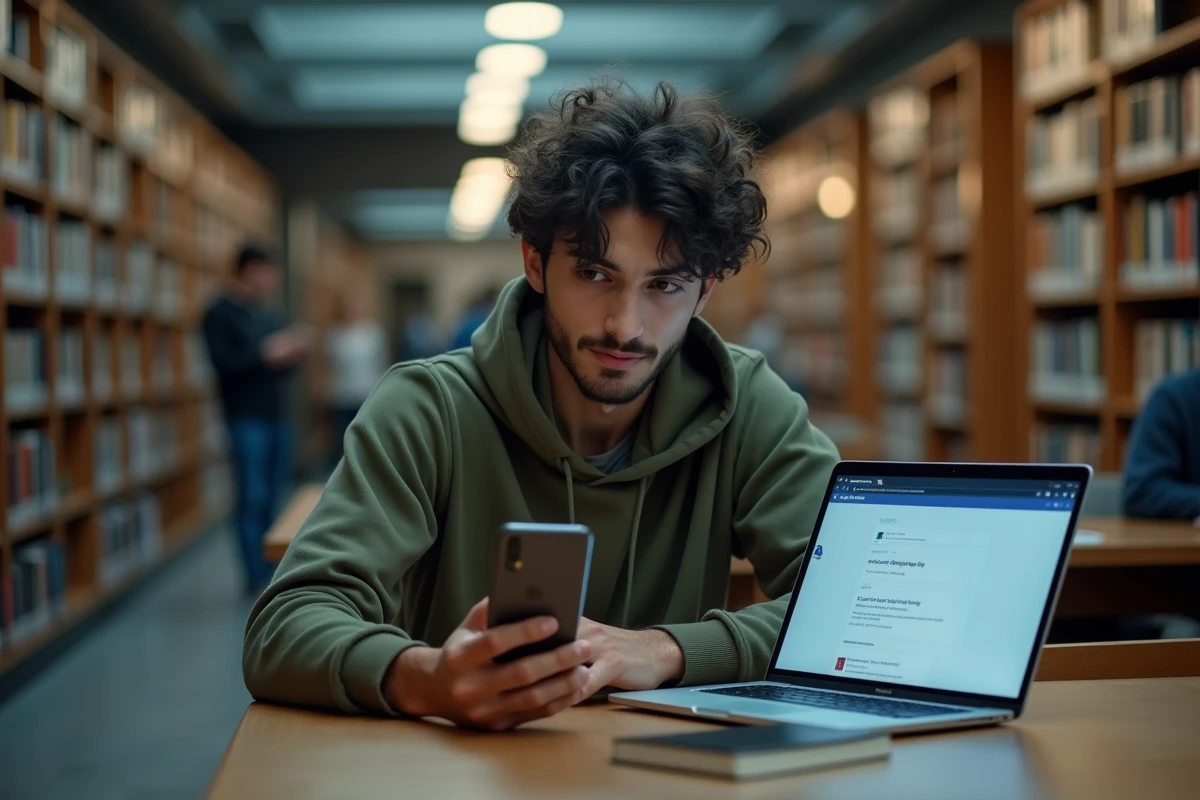 Étudiant consultant son application de messagerie mobile pour récupérer ses emails en cas de panne webmail en bibliothèque