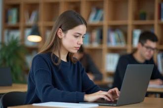 Étudiante connectée à son espace numérique universitaire sur un ordinateur portable dans une bibliothèque moderne