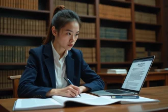Étudiante en droit utilisant un outil d'intelligence artificielle juridique Juriv sur son ordinateur portable dans une bibliothèque universitaire