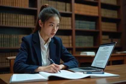 Étudiante en droit utilisant un outil d'intelligence artificielle juridique Juriv sur son ordinateur portable dans une bibliothèque universitaire