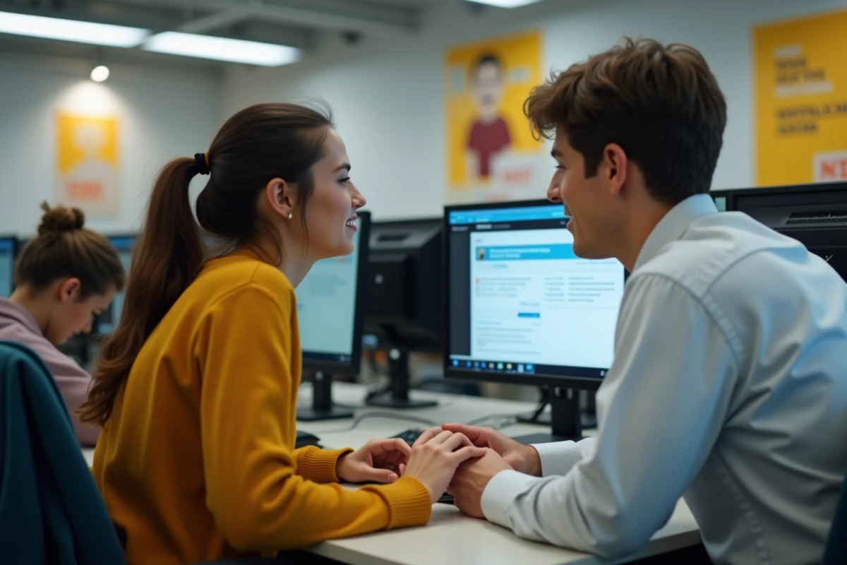 Deux étudiants de Lyon 3 collaborant sur l'intranet universitaire dans une salle informatique du campus