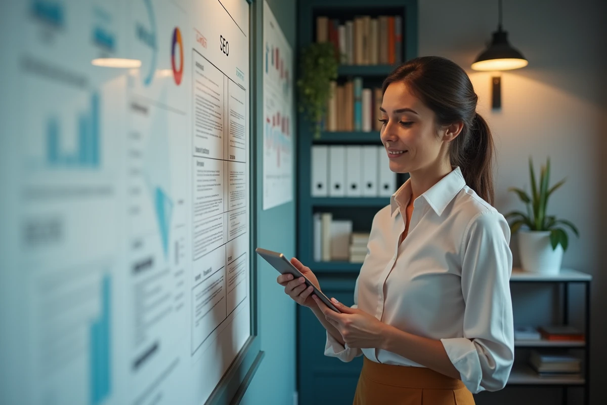 Femme d affaires utilisant une tablette devant un tableau SEO