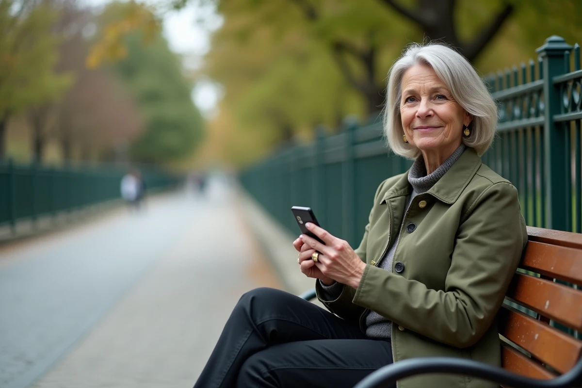 Femme activant son compte Réglo Mobile sur smartphone dans un parc urbain avec enveloppe SIM