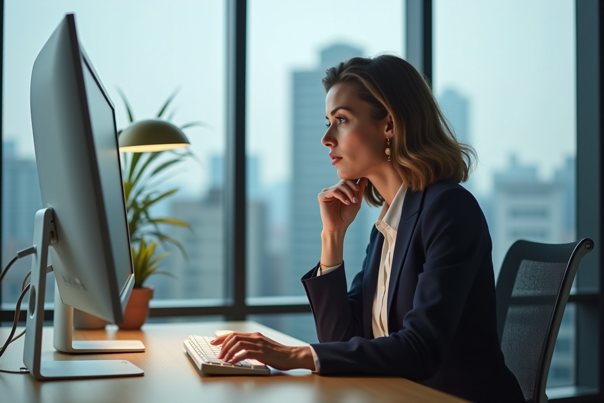 Femme professionnelle analysant des données digitales au bureau
