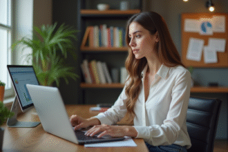 Jeune femme professionnelle analysant des données SEO sur son ordinateur
