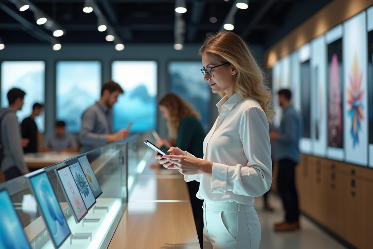 Femme examine des smartphones dans un magasin d