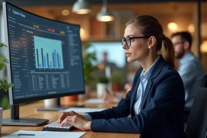 Femme professionnelle analysant les prix d'intelligence artificielle sur un écran d'ordinateur en open space