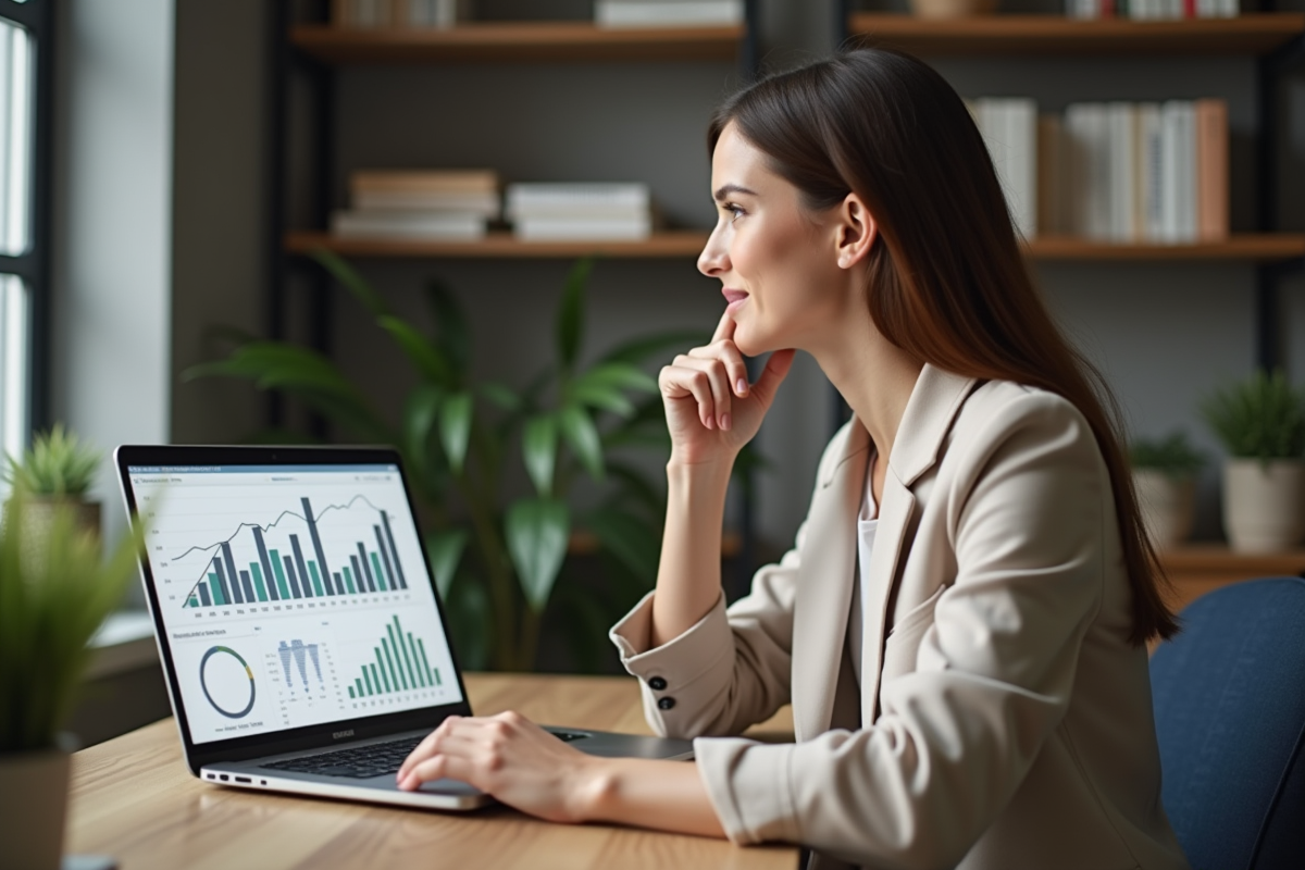 Femme en bureau analysant des graphiques sur son ordinateur