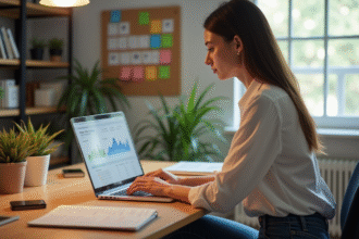 Jeune femme analysant des données sur son ordinateur dans un bureau moderne
