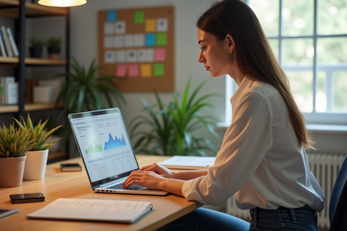 Jeune femme analysant des données sur son ordinateur dans un bureau moderne