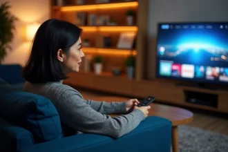 Femme utilisant l'application TV SFR sur un téléviseur connecté dans son salon