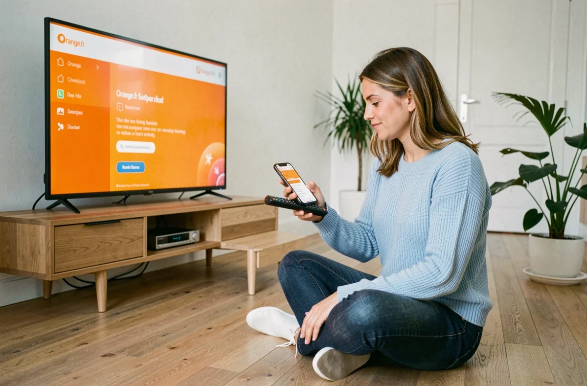 Femme consultant le site Orange.fr sur smartphone pour résoudre le code erreur L11-06 sur sa télévision