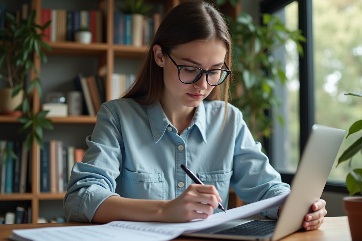 Femme analysant un tableau Excel dans un bureau moderne