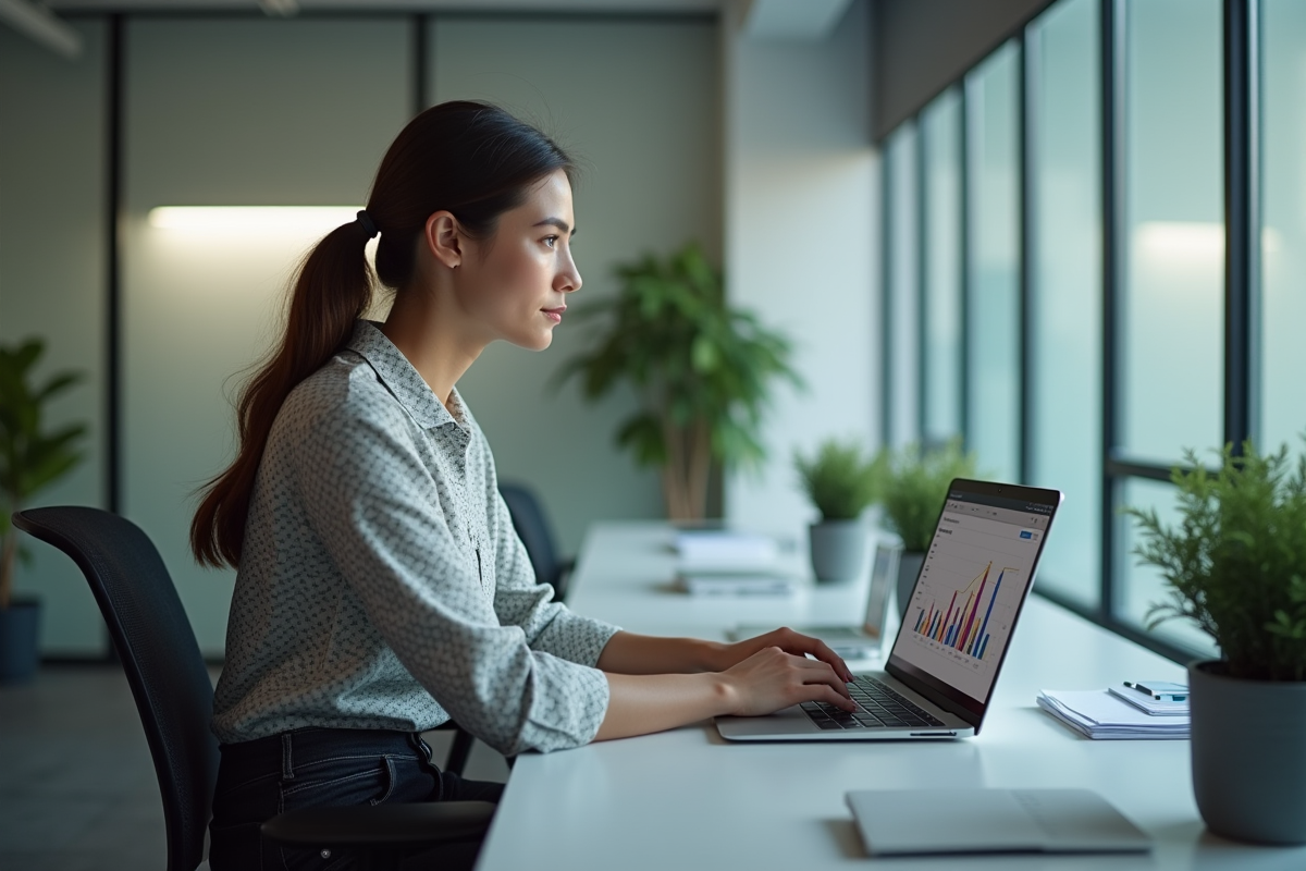 Femme concentrée au bureau avec un tableau analytique
