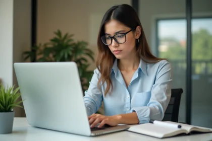 Jeune femme professionnelle concentrée sur son ordinateur au bureau