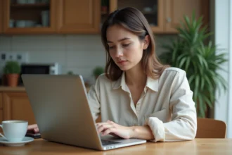 Jeune femme au bureau cuisine checkant ses emails