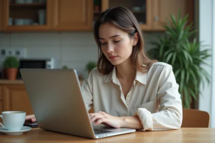 Jeune femme au bureau cuisine checkant ses emails