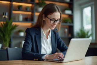 Jeune femme professionnelle travaillant sur son ordinateur dans un bureau