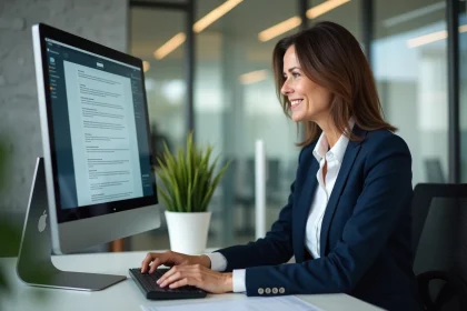 Femme professionnelle en bureau vérifiant ses emails