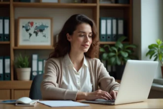 Femme concentrée travaillant à son bureau à domicile