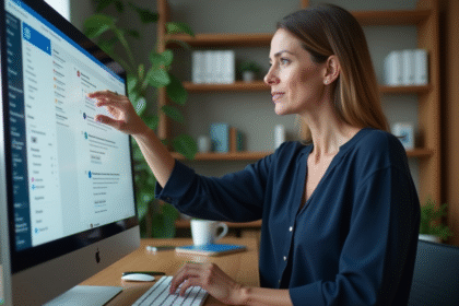 Femme professionnelle regarde sa messagerie Outlook au bureau