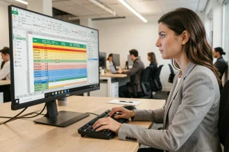 Femme professionnelle utilisant Excel pour inverser un tableau avec des formules sur un grand écran de bureau