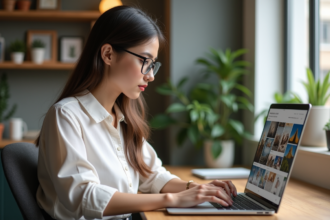 Jeune femme concentrée sur son ordinateur dans un bureau moderne