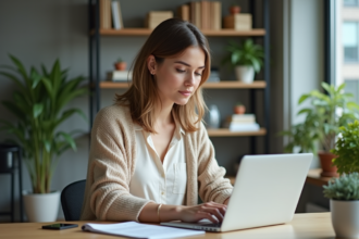Femme concentrée travaillant sur un ordinateur dans un bureau moderne