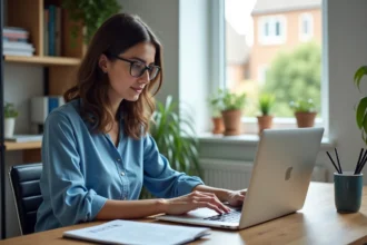 Femme au bureau moderne travaillant sur son ordinateur portable